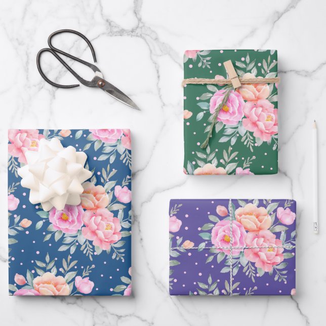 Feuille De Papier Cadeau Aquarelle Peonés Rose Peach Floral Bouquet (Recto)