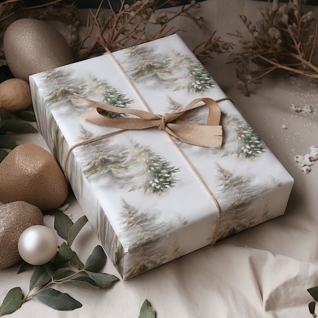 Feuille De Papier Cadeau Aquarelle Pine Arbre Sage Vert Noël (Créateur téléchargé)