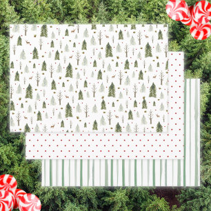 Feuille De Papier Cadeau Aquarelle Pine Arbres Rouge Vert rayures Noël