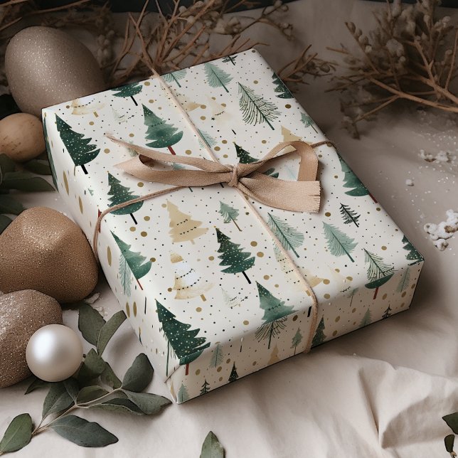 Feuille De Papier Cadeau Aquarelle Pine Tree Vert Or Noël (Créateur téléchargé)