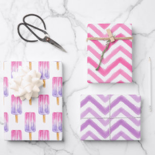 Feuille De Papier Cadeau Aquarelle Pink et violet Popsicle Chevron