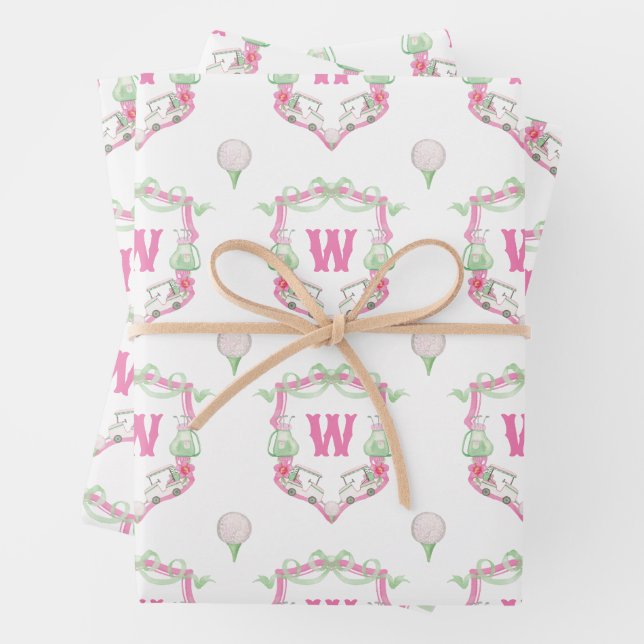 Feuille De Papier Cadeau Aquarelle Pink & Green Golf Panier Monogram Crest (En situation)