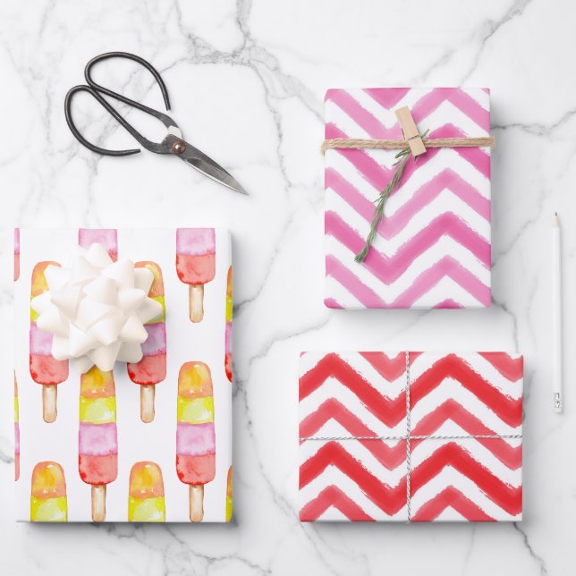 Feuille De Papier Cadeau Aquarelle Popsicles Chevron (Recto)