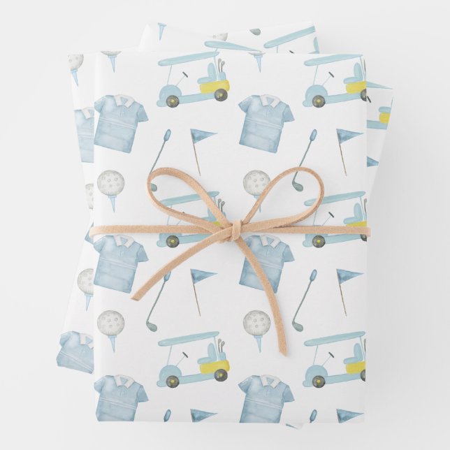 Feuille De Papier Cadeau Aquarelle Preppy bleu Golf Polo Chemise (En situation)