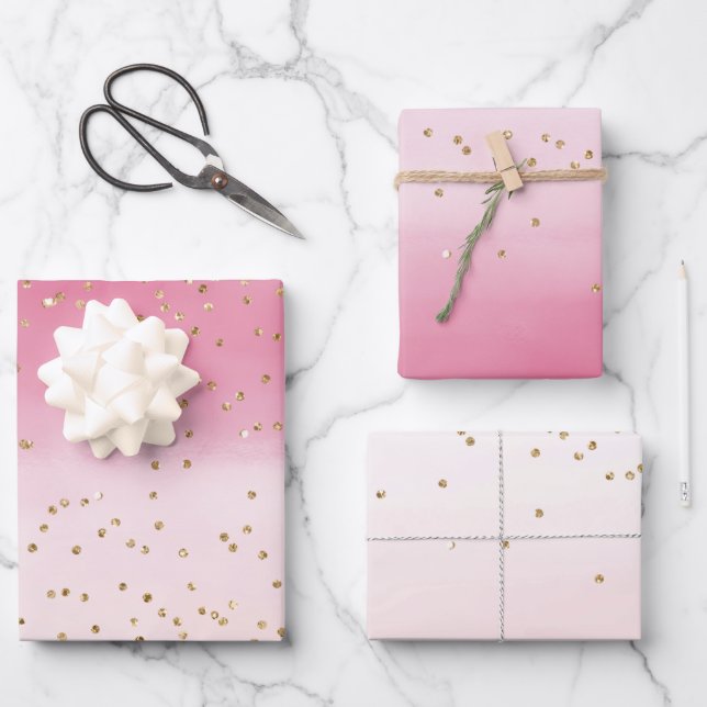 Feuille De Papier Cadeau Aquarelle rose Aquarelle or Glitz Étincelle (Recto)