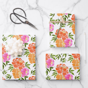 Feuille De Papier Cadeau Aquarelle Rose chaud Orange Floral