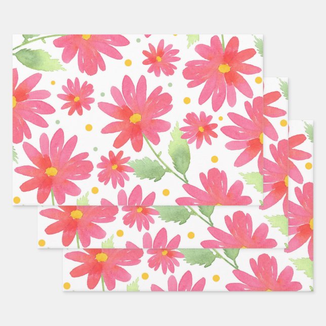 Feuille De Papier Cadeau Aquarelle rose corail Motif marguerite 2 (Lot)