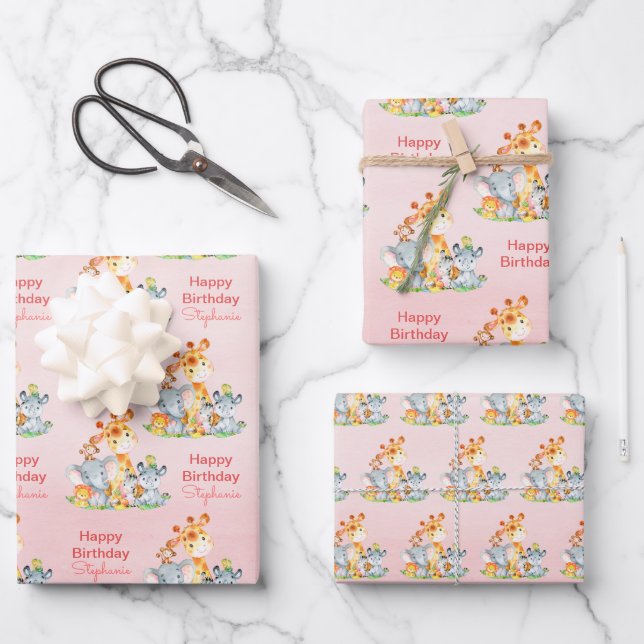 Feuille De Papier Cadeau Aquarelle rose Cute Safari Jungle Animaux (Recto)