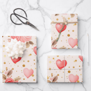 Feuille De Papier Cadeau Aquarelle rose de Valentine Roses et coeurs