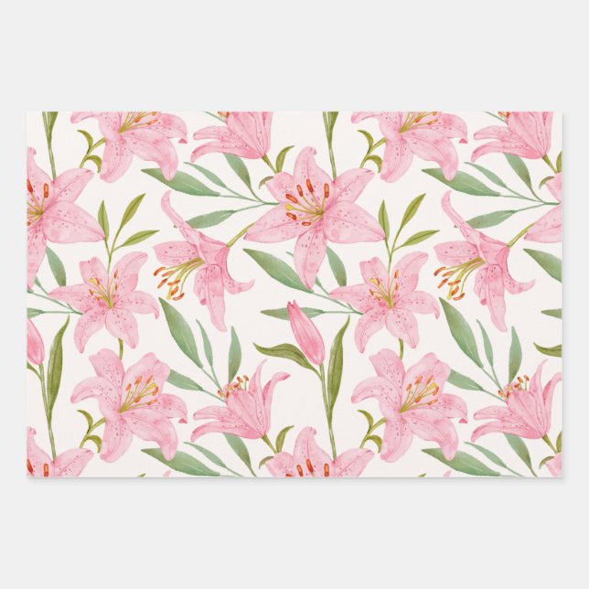 Feuille De Papier Cadeau Aquarelle rose Fleurs Lys Botanique (Devant 3)
