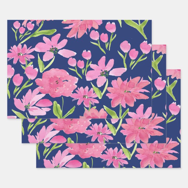 Feuille De Papier Cadeau Aquarelle rose florale sur Arrière - plan de marin (Lot)