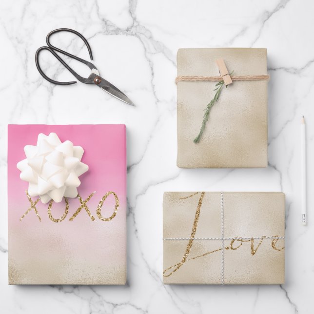 Feuille De Papier Cadeau Aquarelle rose Glam or Tie Dye XOXO Parties scinti (Recto)