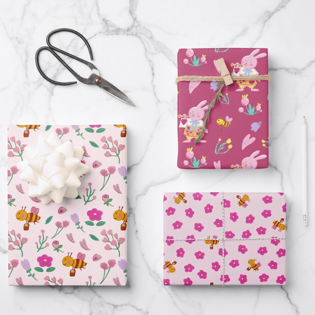Feuille De Papier Cadeau Aquarelle rose lapin dans le jardin Motif enfants (Créateur téléchargé)