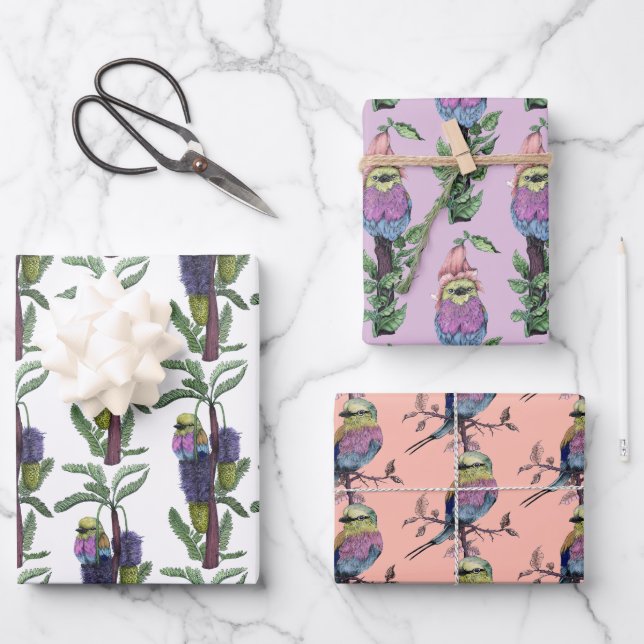 Feuille De Papier Cadeau Aquarelle rose mignonne Motif d'oiseaux africains (Recto)