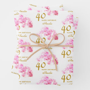 Feuille De Papier Cadeau Aquarelle rose orchidée Parties scintillant or 40e