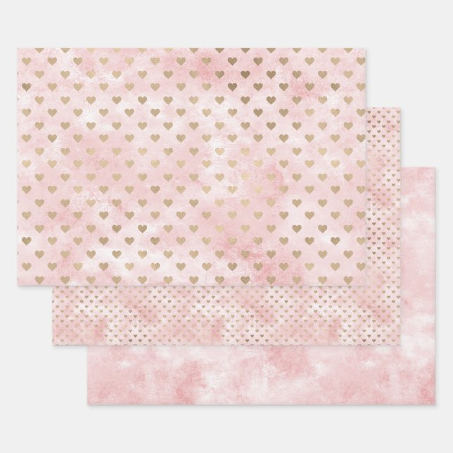 Feuille De Papier Cadeau Aquarelle rose pâle Coeurs d'or (Lot)