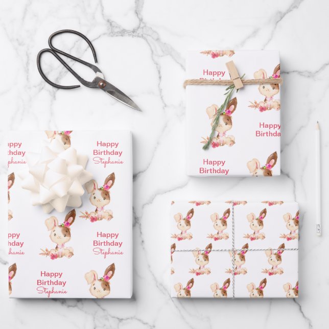 Feuille De Papier Cadeau Aquarelle rose petit lapin (Recto)