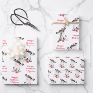 Feuille De Papier Cadeau Aquarelle rose Petite vache