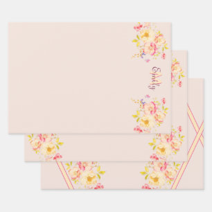 Feuille De Papier Cadeau Aquarelle Roses Jaunes Rose, Monogramme