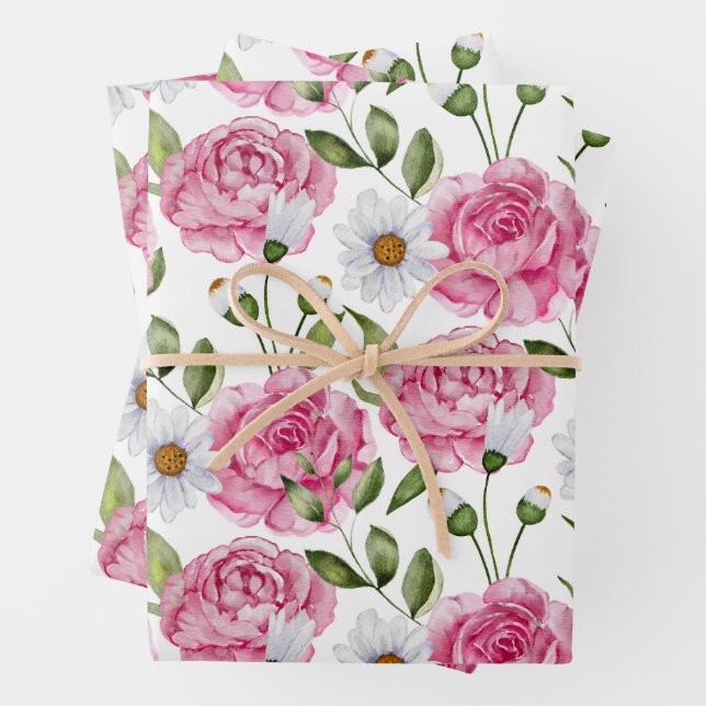 Feuille De Papier Cadeau Aquarelle Roses roses et Fleurs marguerites (En situation)