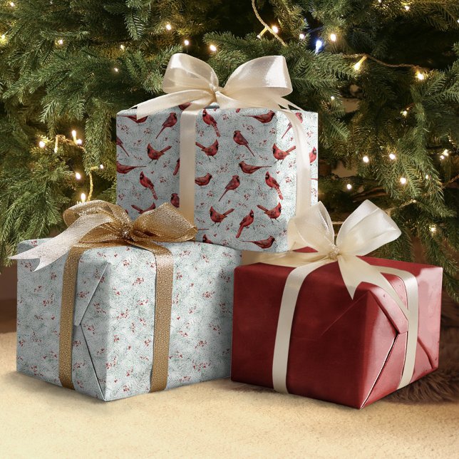 Feuille De Papier Cadeau Aquarelle Rouge Cardinal Noël hiver (Créateur téléchargé)