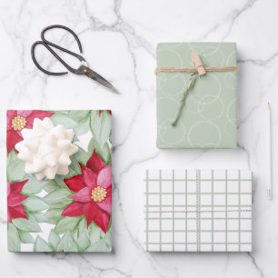 Feuille De Papier Cadeau Aquarelle rouge de Noël Poinsettia peinte à la mai