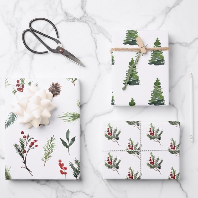 Feuille De Papier Cadeau Aquarelle rouge d'hiver moderne (Recto)