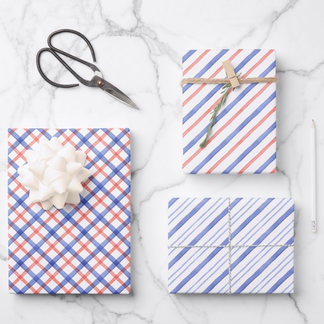 Feuille De Papier Cadeau Aquarelle rouge et bleue (Recto)