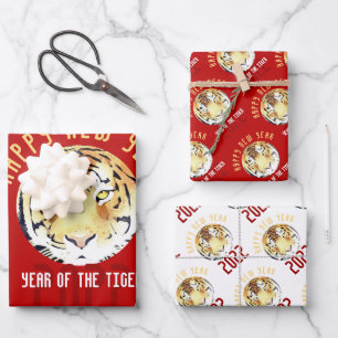 Feuille De Papier Cadeau Aquarelle rouge Tigre chinois Nouvel An 2022 Zodia
