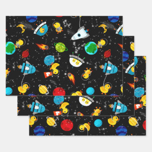 Feuille De Papier Cadeau Aquarelle Ruban Canard astronautes Enfants Espace
