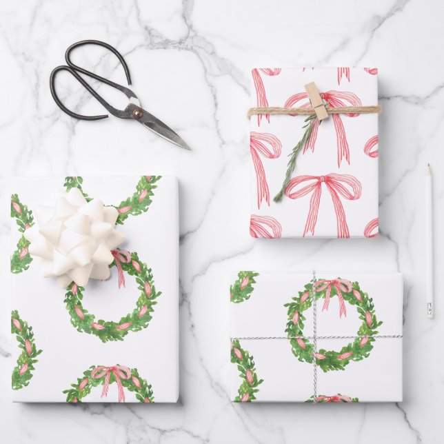 Feuille De Papier Cadeau Aquarelle Ruban rayé Wreath Noël (Recto)