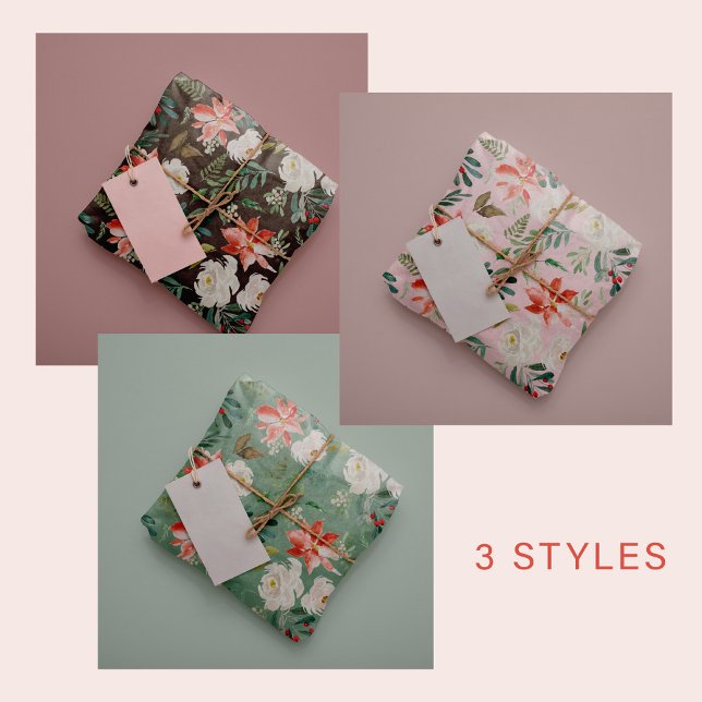 Feuille De Papier Cadeau Aquarelle saisonnière florale Noël élégant (Créateur téléchargé)