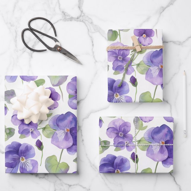 Feuille De Papier Cadeau Aquarelle Style Pansy violet Type Fleurs (Recto)