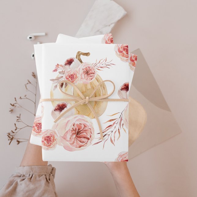 Feuille De Papier Cadeau Aquarelle tendance Citrouille et fleurs | Automne (Créateur téléchargé)