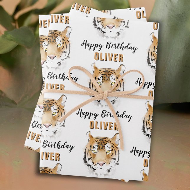 Feuille De Papier Cadeau Aquarelle Tiger Head Animal Joyeux Anniversaire (Créateur téléchargé)
