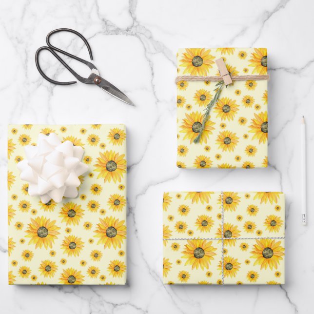 Feuille De Papier Cadeau Aquarelle Tournesols motifs floraux (Recto)