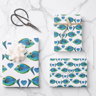 Feuille De Papier Cadeau Aquarelle Tropical Blue Fish and Hearts