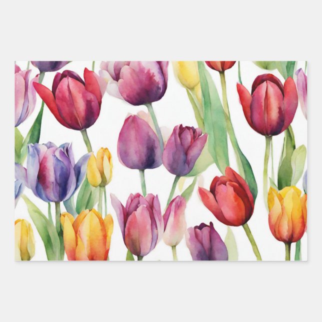 Feuille De Papier Cadeau Aquarelle Tulipe Fleurs N'Importe Quelle Occasion (Devant)