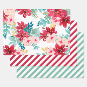 Feuille De Papier Cadeau Aquarelle Turquoise rouge Vert floral