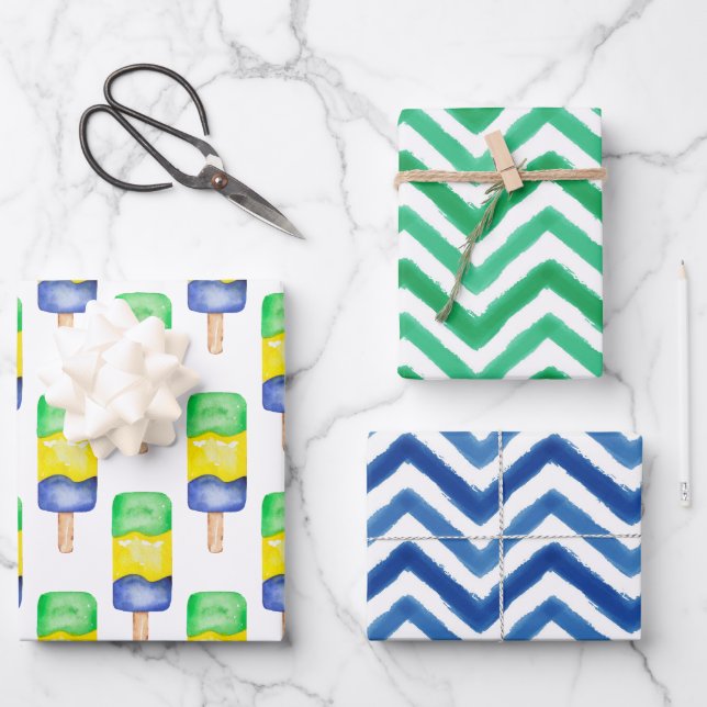 Feuille De Papier Cadeau Aquarelle vert et bleu Popsicle Chevron (Recto)