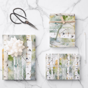 Feuille De Papier Cadeau Aquarelle verte écorce de bouleau
