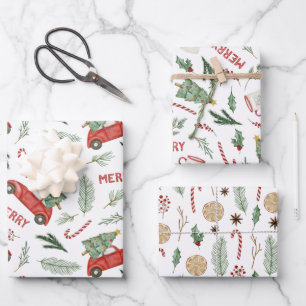 Feuille De Papier Cadeau Aquarelle Vintage voiture rouge arbres de Noël