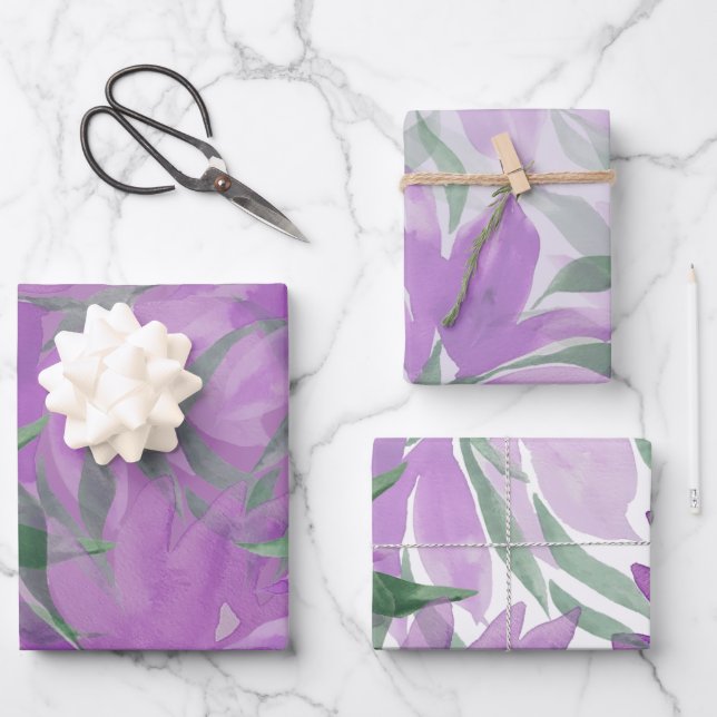 Feuille De Papier Cadeau Aquarelle violette Lavander Élégante Florale (Recto)