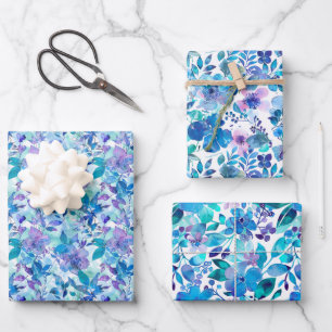Feuille De Papier Cadeau Aquarelle vive motif floral en bleu et Turquoise