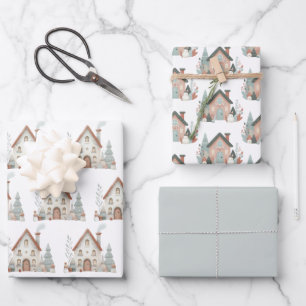 Feuille De Papier Cadeau Aquarelle Whimsical Winter House