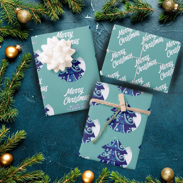Feuille De Papier Cadeau Arbre de Noël Arbre Artistique Bleu Joyeux Script (Créateur téléchargé)