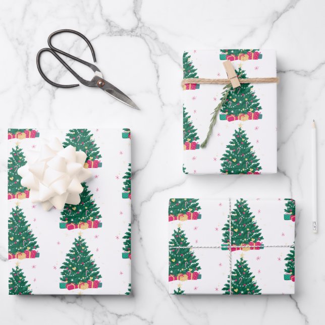 Feuille De Papier Cadeau Arbre de Noël avec cadeaux (Recto)