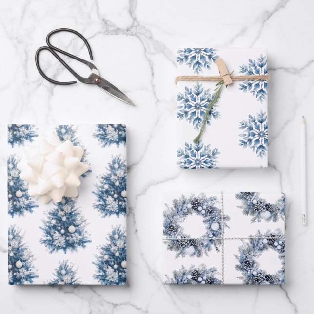 Feuille De Papier Cadeau Arbre de Noël blanc bleu (Recto)