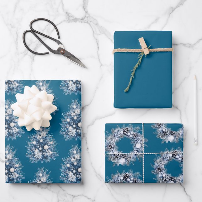 Feuille De Papier Cadeau Arbre de Noël blanc bleu (Recto)