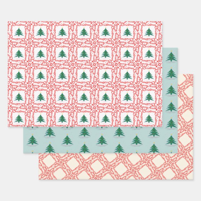 Feuille De Papier Cadeau Arbre de Noël blanc et rouge personnalisable (Lot)